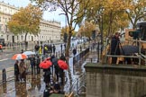 Whitehall on a wet morning before the Remembrance Sunday Cenotaph Ceremony 2018 at Horse Guards Parade, Westminster, London, 11 November 2018, 08:08.