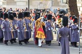 The second of the Massed Bands, the Band of the Welsh Guards, arrives at the Cenotaph, led by Drum Major Gareth Chambers, Irish Guards, before the Remembrance Sunday Cenotaph Ceremony 2018 at Horse Guards Parade, Westminster, London, 11 November 2018, 10:25.