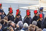 The Service detachment from the King's Troop Royal Horse Artillery arrives on Whitehall before the Remembrance Sunday Cenotaph Ceremony 2018 at Horse Guards Parade, Westminster, London, 11 November 2018, 10:26.