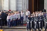 The The Queen's Scouts are leaving the Foreign and Commonwealth Office at the start of the Remembrance Sunday Cenotaph Ceremony 2018 at Horse Guards Parade, Westminster, London, 11 November 2018, 10:45.