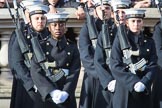 Members of the Service detachment from the Royal Navy before the Remembrance Sunday Cenotaph Ceremony 2018 at Horse Guards Parade, Westminster, London, 11 November 2018, 10:48.