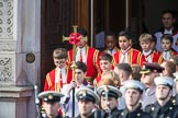 The Bishop’s Procession, here the the Choir, led by the Cross­Bearer, Michael Clayton Jolly, leaving the Foreign and Commonwealth Office during the Remembrance Sunday Cenotaph Ceremony 2018 at Horse Guards Parade, Westminster, London, 11 November 2018, 10:53.