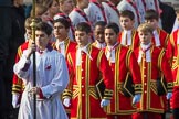 The Bishop’s Procession, here the the Choir, led by the Cross­Bearer, Michael Clayton Jolly, leaving the Foreign and Commonwealth Office during the Remembrance Sunday Cenotaph Ceremony 2018 at Horse Guards Parade, Westminster, London, 11 November 2018, 10:53.