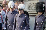 The Chief of Staff London District, Colonel Crispin Lockhart MBE, The General Officer Commanding London District, Major General Ben Bathurst CBE, and Captain Bethan Waters, Welsh Guards Aide-de-Camp to The Major General, leaving the Foreign and Commonwealth Office during Remembrance Sunday Cenotaph Ceremony 2018 at Horse Guards Parade, Westminster, London, 11 November 2018, 10:53.