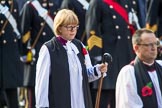 The Right Reverend and Right Honourable Dame Sarah Mullally DBE, the Lord Bishop of London during the Remembrance Sunday Cenotaph Ceremony 2018 at Horse Guards Parade, Westminster, London, 11 November 2018, 10:54.