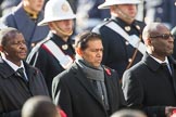 The High Commissioner of Eswatini (the former Swaziland), The High Commissioner of Mauritius, and the The Deputy High Commissioner of Barbados during Remembrance Sunday Cenotaph Ceremony 2018 at Horse Guards Parade, Westminster, London, 11 November 2018, 11:03.