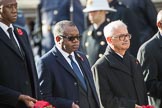 The Deputy Head of Mission of The Gambia, Mr. Kalifa Bojang, the The High Commissioner of Zambia, H.E. Muyeba Shichapwa Chikonde, and the The High Commissioner of Malta, Joseph Cole, during Remembrance Sunday Cenotaph Ceremony 2018 at Horse Guards Parade, Westminster, London, 11 November 2018, 11:04.