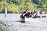 Henley Royal Regatta 2013, Saturday: The umpire's launch following the boats, seen shortly after the start of the race. Image #96, 06 July 2013 10:10 River Thames, Henley on Thames, UK