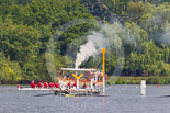 Henley Royal Regatta 2013, Saturday: Thames steamer 'Alaska' (www.thames-steamers.co.uk) passing the stake boat at the start of the race course. Image #190, 06 July 2013 11:24 River Thames, Henley on Thames, UK