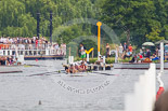 Henley Royal Regatta 2013, Saturday: Looking up to the start of the race course to the stake boats, umpire launches, and a passing paddle steamer packed with spectators. Image #296, 06 July 2013 12:21 River Thames, Henley on Thames, UK