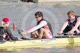 The Boat Race season 2012 - fixture CUBC vs Leander: The Leander Club Eight, here cox Katie Klavenes, stroke Vasillis Ragoussis, and Cameron MacRitchie..
River Thames between Putney and Molesey,
London,
Greater London,
United Kingdom,
on 10 March 2012 at 13:35, image #42