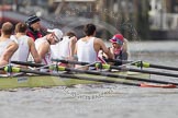 The Boat Race season 2012 - fixture CUBC vs Leander: The Leander Club Eight preparing for the start of the race. From the left John Clay, Tom Clark, Sean Dixon, Cameron MacRitchie, stroke Vasillis Ragoussis, and cox Katie Klavenes..
River Thames between Putney and Molesey,
London,
Greater London,
United Kingdom,
on 10 March 2012 at 14:08, image #78