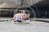 The Boat Race season 2012 - fixture CUBC vs Leander: The Leander Club Eight preparing for the start of the race at Putney Bridge..
River Thames between Putney and Molesey,
London,
Greater London,
United Kingdom,
on 10 March 2012 at 14:09, image #80