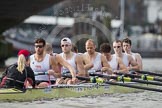 The Boat Race season 2012 - fixture CUBC vs Leander: The Leander Club Eight preparing for the start of the race at Putney Bridge. Cox Katie Klavenes, stroke Vasillis Ragoussis, Cameron MacRitchie, Sean Dixon, Tom Clark, John Clay, Will Gray, Sam Whittaker, and bow Oliver Holt..
River Thames between Putney and Molesey,
London,
Greater London,
United Kingdom,
on 10 March 2012 at 14:11, image #86