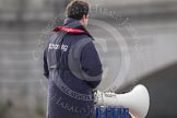 The Boat Race season 2012 - fixture CUBC vs Leander: The 2012 Boat Race umpire John Garrett,  (Cambridge Blue 1983-85), about to start the race..
River Thames between Putney and Molesey,
London,
Greater London,
United Kingdom,
on 10 March 2012 at 14:11, image #87