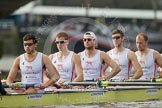 The Boat Race season 2012 - fixture CUBC vs Leander: The Leander Club Eight preparing for the start of the race at Putney Bridge. Stroke Vasillis Ragoussis, Cameron MacRitchie, Sean Dixon, Tom Clark, and John Clay..
River Thames between Putney and Molesey,
London,
Greater London,
United Kingdom,
on 10 March 2012 at 14:11, image #88