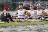 The Boat Race season 2012 - fixture CUBC vs Leander: The Leander Club Eight preparing for the start of the race at Putney Bridge. Cox Katie Klavenes, stroke Vasillis Ragoussis, Cameron MacRitchie, Sean Dixon, and Tom Clark..
River Thames between Putney and Molesey,
London,
Greater London,
United Kingdom,
on 10 March 2012 at 14:11, image #89