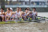 The Boat Race season 2012 - fixture CUBC vs Leander: The Leander Club Eight preparing for the start of the race at Putney Bridge. Stroke Vasillis Ragoussis, Cameron MacRitchie, Sean Dixon, Tom Clark, John Clay, Will Gray, Sam Whittaker, and bow Oliver Holt..
River Thames between Putney and Molesey,
London,
Greater London,
United Kingdom,
on 10 March 2012 at 14:11, image #90