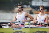 The Boat Race season 2012 - fixture CUBC vs Leander: The Leander Club Eight:  Close-up of stroke Vassilis Raoussis and 7, Cameron MacRitchie..
River Thames between Putney and Molesey,
London,
Greater London,
United Kingdom,
on 10 March 2012 at 14:13, image #110