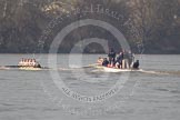 The Boat Race season 2012 - fixture OUBC vs Leander: OUBC Blue Boat in the lead - 2 William Zeng, 3 Kevin Baum, 4 Alexander Davidson, 5 Karl Hudspith, 6 Dr. Hanno Wienhausen, 7 Dan Harvey, stroke Roel Haen, cox Zoe de Toledo, in the Leander boat bow Nathan Hillyer, Chris Friend, Will Gray, Sam Whittaker, Tom Clark, John Clay, Cameron MacRitchie, stroke Vasillis Ragoussis, and cox Katie Klavenes. Behind the two boats the umpire Richard Phelps..




on 24 March 2012 at 14:30, image #131