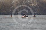 The Boat Race season 2012 - fixture OUBC vs Leander: OUBC Blue Boat in the lead - 2 William Zeng, 3 Kevin Baum, 4 Alexander Davidson, 5 Karl Hudspith, 6 Dr. Hanno Wienhausen, 7 Dan Harvey, stroke Roel Haen, cox Zoe de Toledo, in the Leander boat bow Nathan Hillyer, Chris Friend, Will Gray, Sam Whittaker, Tom Clark, John Clay, Cameron MacRitchie, stroke Vasillis Ragoussis, and cox Katie Klavenes. Behind the two boats the umpire Richard Phelps..




on 24 March 2012 at 14:30, image #133