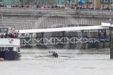 The Boat Race 2012: The Oxford Blue Boat on the way to the start of the 2012 Boat Race. Cox Zoe de Toledo, stroke Roel Haen, 7 Dan Harvey, 6 Dr. Hanno Wienhausen, 5 Karl Hudspith, 4 Alexander Davidson, 3 Kevin Baum, 2 William Zeng, and bow Dr. Alexander Woods under Putney Bridge, behind Putney Pier..




on 07 April 2012 at 13:37, image #151