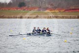 The Boat Race season 2013 - fixture OUWBC vs Molesey BC: OUWBC coxed four with cox Olivia Cleary, bow Elspeth Cumber, Rachel Purkess, Emily Chittock and stroke Coralie Viollet-Djelassi..
Dorney Lake,
Dorney, Windsor,
Berkshire,
United Kingdom,
on 24 February 2013 at 12:32, image #149