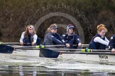 The Boat Race season 2013 - OUWBC training: At the bow of Osiris, the OUWBC reserve boat, Coralie Viollet-Djelassi, in the 2 seat Elspeth Cumber, 3 seat Hannah Ledbury, and 4 seat Eleanor Darlington..
River Thames,
Wallingford,
Oxfordshire,
United Kingdom,
on 13 March 2013 at 17:07, image #82