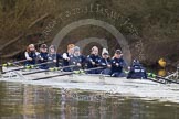 The Boat Race season 2013 - OUWBC training: Osiris, the OUWBC reserve boat: Bow Coralie Viollet-Djelassi, then Elspeth Cumber, Hannah Ledbury, Eleanor Darlington, Rachel Purkess, Caitlin Goss, Annika Bruger, Emily Chittock, and cox Sophie Shawdon..
River Thames,
Wallingford,
Oxfordshire,
United Kingdom,
on 13 March 2013 at 17:07, image #85