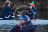 The Boat Race season 2013 - OUWBC training: The OUWBC Blue Boat racing Osiris, the reserve boat. In the Blue Boat stroke Maxie Scheske and cox Katie Apfelbaum, in Osiris, in front and out of focus, cox Sophie Shawdon..
River Thames,
Wallingford,
Oxfordshire,
United Kingdom,
on 13 March 2013 at 18:00, image #200