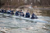 The Boat Race season 2013 - OUWBC training: In Osiris, the OUWBC reserve boat, bow Coralie Viollet-Djelassi, Elspeth Cumber, Hannah Ledbury, Eleanor Darlington, Rachel Purkess, Caitlin Goss, Annika Bruger, stroke Emily Chittock, and cox Sophie Shawdon..
River Thames,
Wallingford,
Oxfordshire,
United Kingdom,
on 13 March 2013 at 18:00, image #202