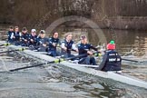 The Boat Race season 2013 - OUWBC training: The OUWBC Blue Boat during the training session - bow Mariann Novak, Alice Carrington-Windo, Mary Foord-Weston, Jo Lee, Amy Varney, Harriet Keane, Anastasia Chitty, stroke Maxie Scheske, and cox Katie Apfelbaum..
River Thames,
Wallingford,
Oxfordshire,
United Kingdom,
on 13 March 2013 at 18:01, image #206