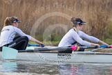 The Boat Race season 2013 - CUWBC training: The CUWBC Blue Boat at race pace - 2 seat Fay Sandford and 3 Melissa Wilson..
River Thames near Remenham,
Henley-on-Thames,
Oxfordshire,
United Kingdom,
on 19 March 2013 at 16:08, image #123