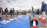 The Boat Race 2013: The dark blue "red carpet" rolled out for Oxford, hours before the start of the 2013 Boat Race. On the left the race umpires, Boris Rankov (Isis/Goldie race) and Sir Matthew Pinsent (Blue Boat Race)..
Putney,
London SW15,

United Kingdom,
on 31 March 2013 at 12:47, image #51