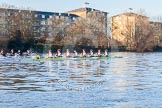 The Boat Race season 2014 - Women's Trial VIIIs(CUWBC, Cambridge): Nudge Nudge: Cox Esther Momcilovic, Stroke Holly Game,7 Izzy Vyvyan, 6 Kate Ashley, 5 Valentina Futoryanova, 4 Catherine Foot, 3 Hannah Evans, 2 Anouska Bartlett, Bow Lottie Meggitt..
River Thames between Putney Bridge and Mortlake,
London SW15,

United Kingdom,
on 19 December 2013 at 14:07, image #389