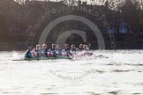 The Boat Race season 2014 - Women's Trial VIIIs(CUWBC, Cambridge): Nudge Nudge: Cox Esther Momcilovic, Stroke Holly Game,7 Izzy Vyvyan, 6 Kate Ashley, 5 Valentina Futoryanova, 4 Catherine Foot, 3 Hannah Evans, 2 Anouska Bartlett, Bow Lottie Meggitt..
River Thames between Putney Bridge and Mortlake,
London SW15,

United Kingdom,
on 19 December 2013 at 14:20, image #499