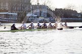 The Boat Race season 2014 - fixture OUBC vs German U23: The race is on - the German U23-boat, on the left, and the OUBC boat approaching Putney Pier..
River Thames between Putney Bridge and Chiswick Bridge,



on 08 March 2014 at 16:45, image #34