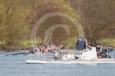 The Women's Boat Race and Henley Boat Races 2014: The Intercollegiate women's race. The Wadham College (Oxford) boat seen behind the launch carrying umpire Dave Hancock and a TV cameraman..
River Thames,
Henley-on-Thames,
Buckinghamshire,
United Kingdom,
on 30 March 2014 at 13:29, image #51