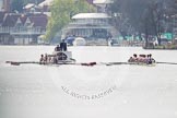 The Women's Boat Race and Henley Boat Races 2014: The Intercollegiate men's race. Oriel College (Oxford) on the right, Downing College (Cambridge) on the left. Behind the umpire's launch with a TV cameraman in front..
River Thames,
Henley-on-Thames,
Buckinghamshire,
United Kingdom,
on 30 March 2014 at 13:51, image #75