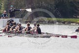 The Women's Boat Race and Henley Boat Races 2014: The Intercollegiate men's race. Oriel College (Oxford, on the very right) and Downing College (Cambridge) getting close enough for umpire Dave Hancock to intervene..
River Thames,
Henley-on-Thames,
Buckinghamshire,
United Kingdom,
on 30 March 2014 at 13:51, image #82