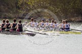 The Women's Boat Race and Henley Boat Races 2014: The Intercollegiate men's race. Oriel College (Oxford) and Downing College (Cambridge, on the left) are still close together..
River Thames,
Henley-on-Thames,
Buckinghamshire,
United Kingdom,
on 30 March 2014 at 13:51, image #85