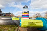 The Boat Race season 2015: OUWBC training Wallingford: Close-up of oars and an energy drink bottle in front of Oxford University Fleming Boathouse in Wallingford/Oxfordshire.

Wallingford,

United Kingdom,
on 04 March 2015 at 15:07, image #7