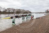 The Boat Race season 2016 - Women's Boat Race Trial Eights (CUWBC, Cambridge): Race preparations - CUWBC boat "Twickenham" and crew.
River Thames between Putney Bridge and Mortlake,
London SW15,

United Kingdom,
on 10 December 2015 at 10:15, image #7