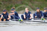 The Boat Race season 2016 - Women's Boat Race Trial Eights (OUWBC, Oxford): "Scylla", here 7-Lauren Kedar, 6-Joanne Jansen, 5-Anastasia Chitty, 4-Rebecca Te Water Naude, 3-Elettra Ardissino.
River Thames between Putney Bridge and Mortlake,
London SW15,

United Kingdom,
on 10 December 2015 at 12:22, image #178