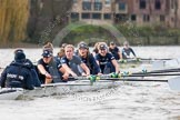 The Boat Race season 2016 - Women's Boat Race Trial Eights (OUWBC, Oxford): "Scylla", here cox-Antonia Stutter, stroke-Emma Lukasiewicz, 7-Lauren Kedar, 6-Joanne Jansen, 5-Anastasia Chitty, 4-Rebecca Te Water Naude, 3-Elettra Ardissino, 2-Merel Lefferts, bow-Issy Dodds.
River Thames between Putney Bridge and Mortlake,
London SW15,

United Kingdom,
on 10 December 2015 at 12:35, image #305