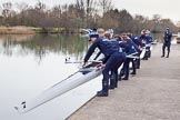 The Boat Race season 2016 - OUWBC training Wallingford: The crew of Osiris, the OUWBC reserve boat, getting readu for their training session.
River Thames,
Wallingford,
Oxfordshire,

on 29 February 2016 at 15:16, image #32