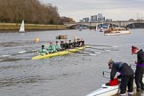 The Boat Race season 2017 - Women's Boat Race Fixture CUWBC vs Univerity of London: The CUWBC on the way towards Putney Bridge whilst the UL BC crew is getting ready.
River Thames between Putney Bridge and Mortlake,
London SW15,

United Kingdom,
on 19 February 2017 at 15:19, image #15