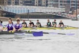 The Boat Race season 2017 - Women's Boat Race Fixture CUWBC vs Univerity of London: The UL BC and the CUWBC eight (behind) before the start of the fixture.
River Thames between Putney Bridge and Mortlake,
London SW15,

United Kingdom,
on 19 February 2017 at 15:51, image #32