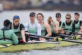 The Boat Race season 2017 - Women's Boat Race Fixture CUWBC vs Univerity of London: The CUWBC eight before the start of the race, cox - Matthew Holland, stroke - Alice White, 7 - Myriam Goudet, 6 - Melissa Wilson, 5 - Holy Hill, 4 - Imogen Grant, 3 - Ashton Brown, 2 - Kirsten Van Fosen, bow - Claire Lambe.
River Thames between Putney Bridge and Mortlake,
London SW15,

United Kingdom,
on 19 February 2017 at 15:54, image #39