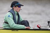 The Boat Race season 2017 - Women's Boat Race Fixture CUWBC vs Univerity of London: The CUWBC eight before the start of the race, here cox  Matthew Holland.
River Thames between Putney Bridge and Mortlake,
London SW15,

United Kingdom,
on 19 February 2017 at 15:55, image #43